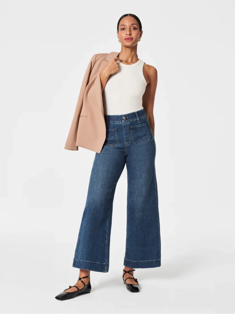 SPANX Pull On Cropped Wide-Leg Jeans in Blue  Size XS High Waisted Casual